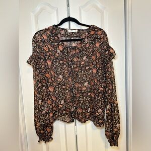 MNG Mango - Business Casual Black and Orange Floral Long Sleeve Blouse in Size L
